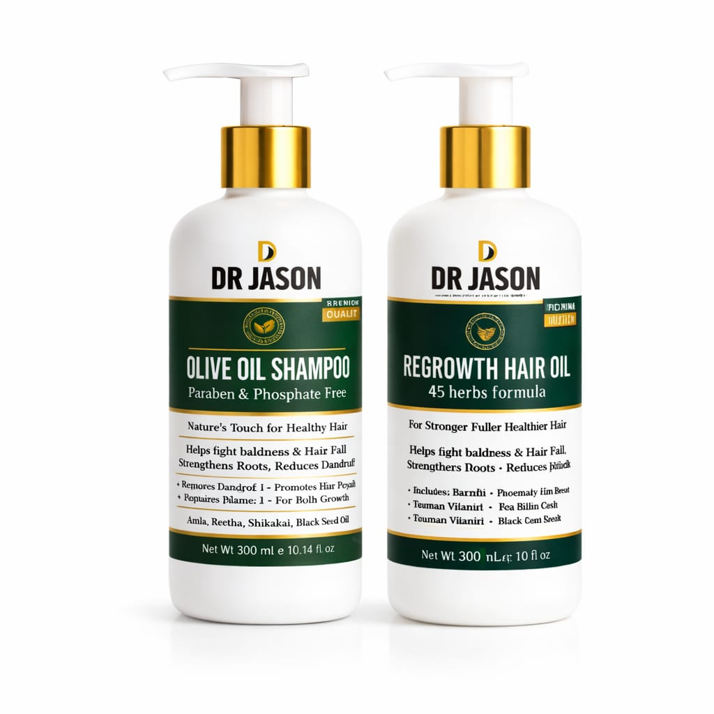 Dr Jason Hair Regrowth & Shine Kit – Olive Oil Shampoo & 45 Herbs Regrowth Oil Hair Care Set in Pakistan